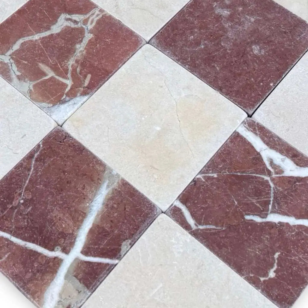 Red and cream diamond-patterned marble tiles with natural veining for Checkerboard Crema Marfil Rojo Alicante 4X4 Tumbled