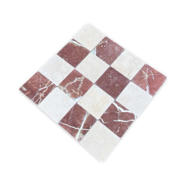 Red and white checkered marble mosaic tile from Checkerboard Crema Marfil and Rojo Alicante