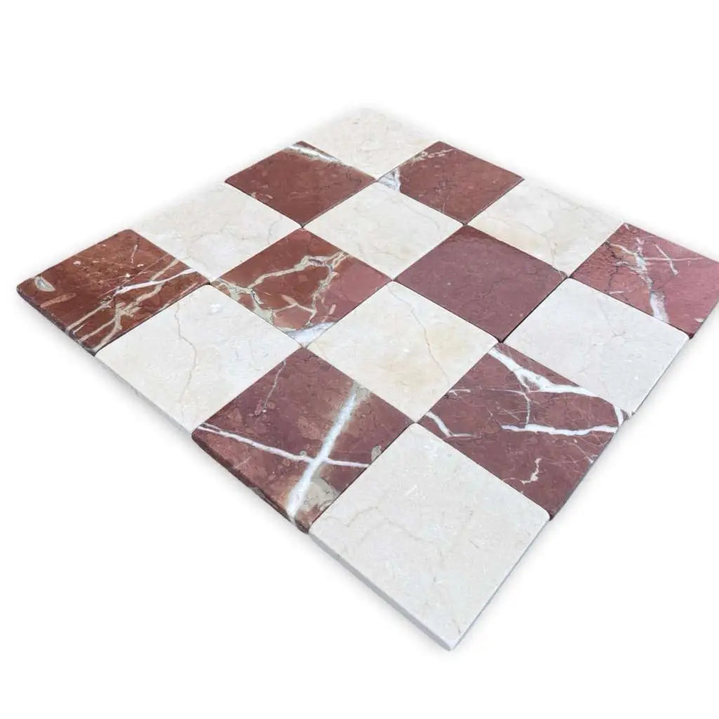 Red and white checkered marble tiles from Checkerboard Crema Marfil Rojo Alicante 4x4 Tumbled