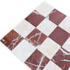 Checkerboard Crema Marfil and Rojo Alicante marble tiles in red and white tumbled pattern