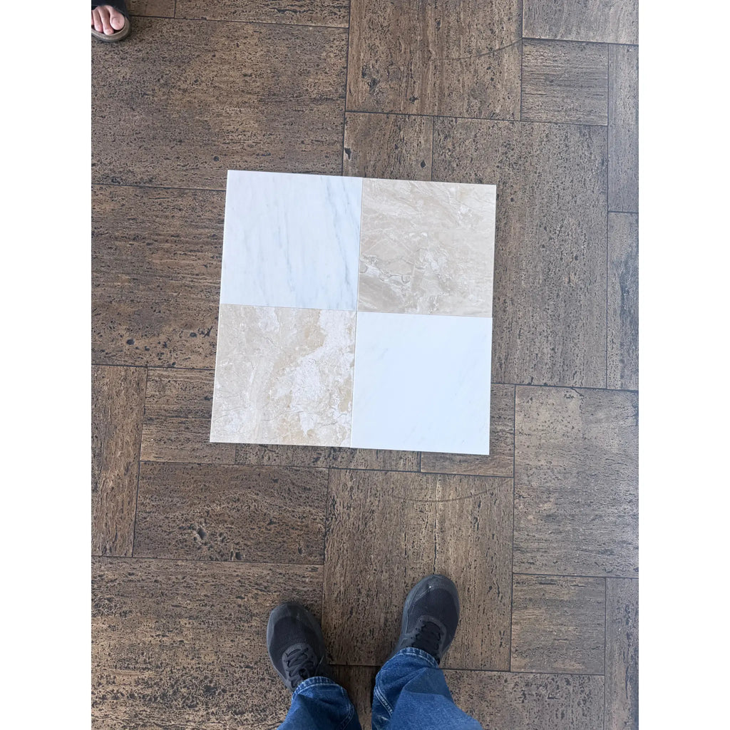 Four square marble tile samples in white and beige with intricate patterns for Checkerboard Diano Royal and Oriental White Marble 12X12 Set