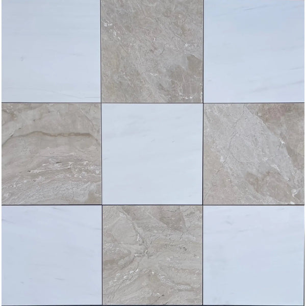 Checkerboard Diano Royal and Oriental White Marble tiles in a 12X12 set