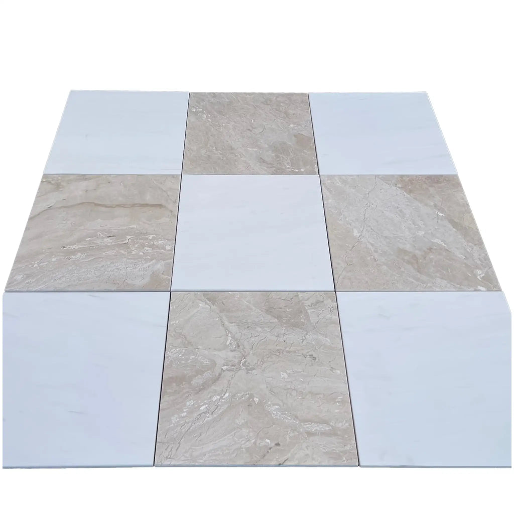 Alternating Checkerboard Diano Royal and Oriental White Marble tiles display elegance