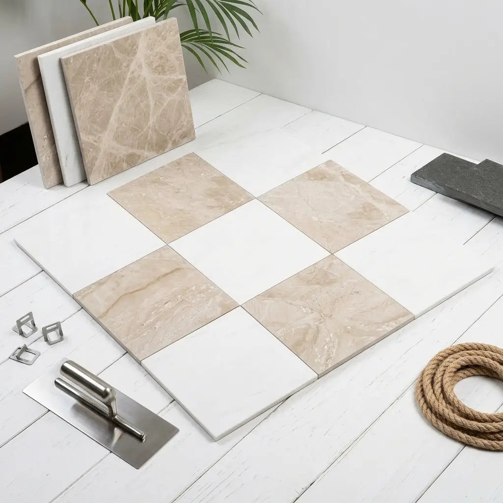 Beige marble-effect square floor tiles in checkerboard pattern with white marble tiles and installation tools displayed