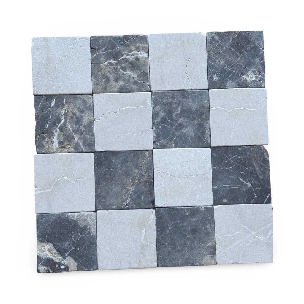 Checkerboard pattern of Emperador Dark marble and Crema Marfil tiles in 6x6 set