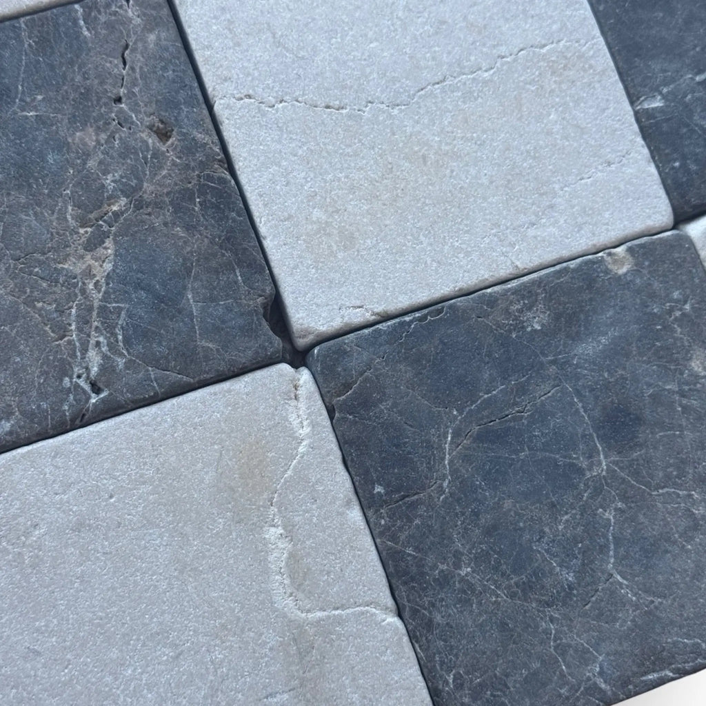 Checkerboard pattern of Stone Tiles from Checkerboard Emperador Dark Marble and Crema Marfil Tumbled 6X6 Set