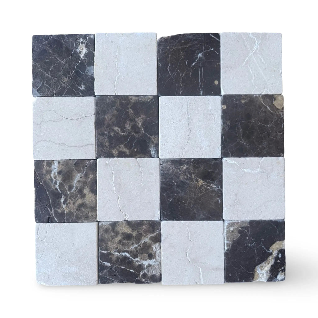 Checkerboard pattern of Emperador Dark and Crema Marfil marble tiles in 6x6 set