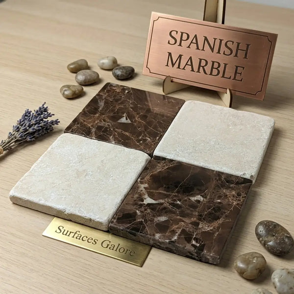 Four square checkerboard Emperador Dark marble and Crema Marfil tumbled tiles with rich brown veining and creamy white surfaces