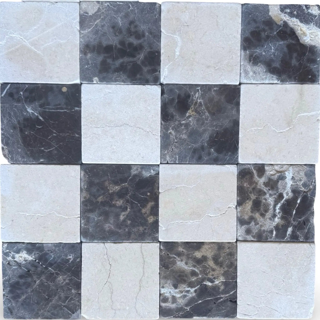 Checkered marble tile pattern with Emperador Dark and Crema Marfil in 6x6 set