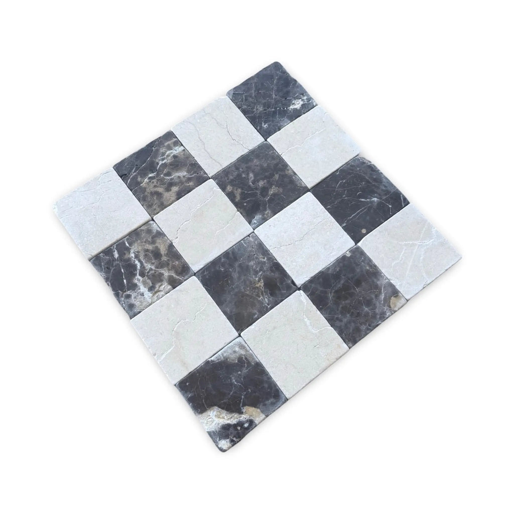 Checkerboard marble tile pattern featuring Emperador Dark and Crema Marfil Tumbled 6x6