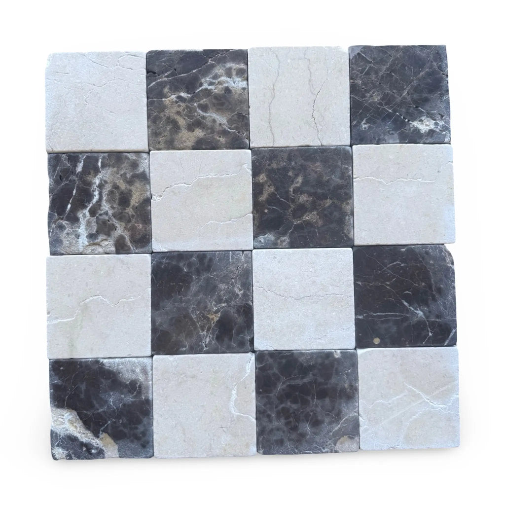 Checkerboard pattern of Emperador Dark marble and Crema Marfil tiles in 6x6 set