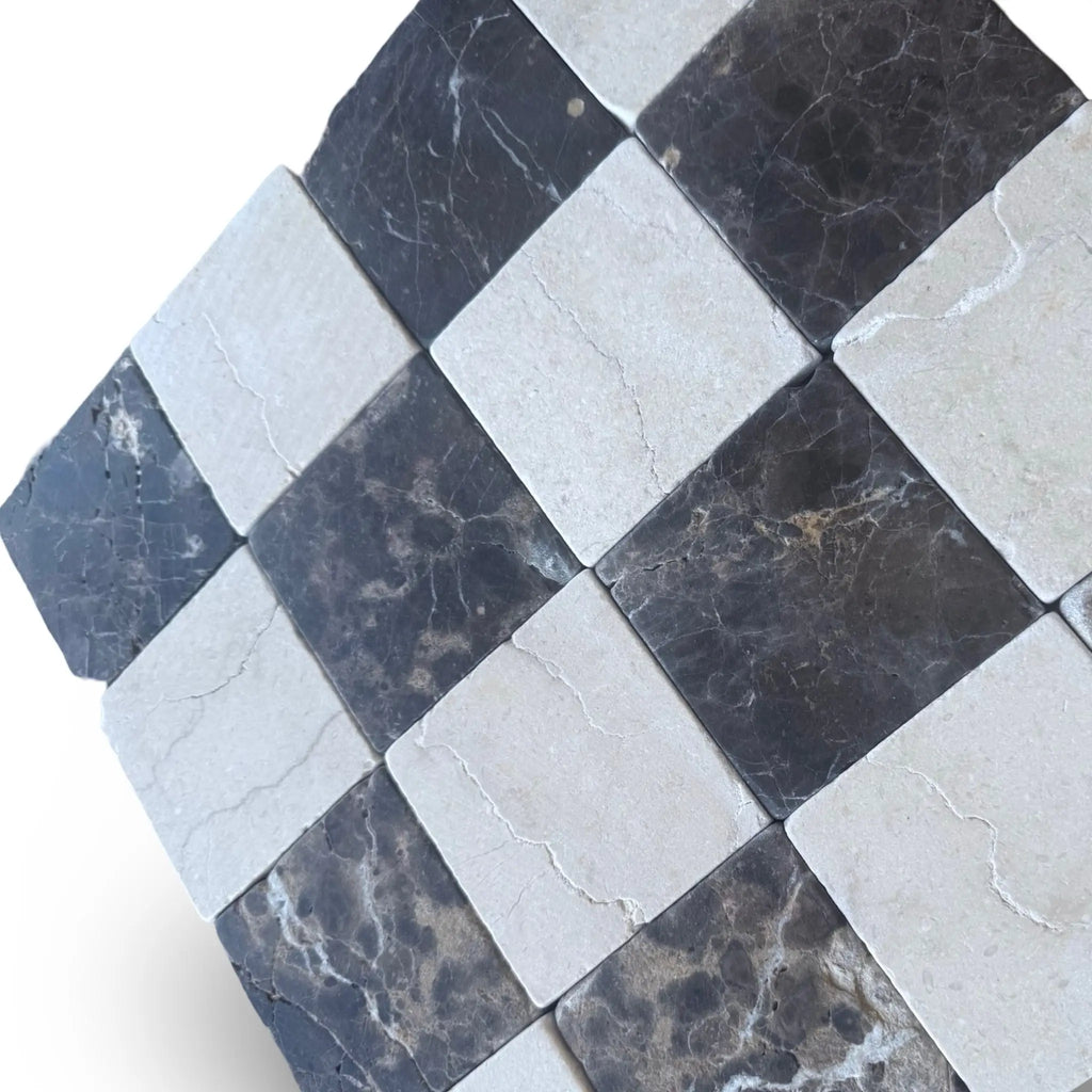 Checkerboard marble tile pattern featuring Emperador Dark and Crema Marfil stones