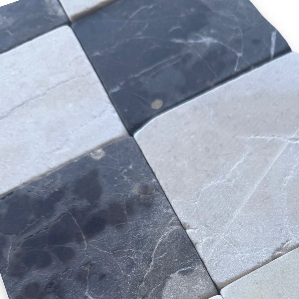 Black and white checkered marble tiles from Checkerboard Emperador Dark and Crema Marfil Tumbled 6x6 set