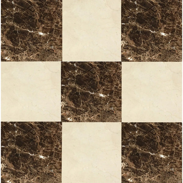 Checkerboard Emperador Dark Marble and Crema Marfil Marble tile pattern design