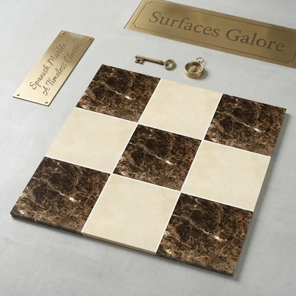 Brown and cream spanish marble tiles arranged in a checkered pattern in checkerboard emperador dark and crema marfil set