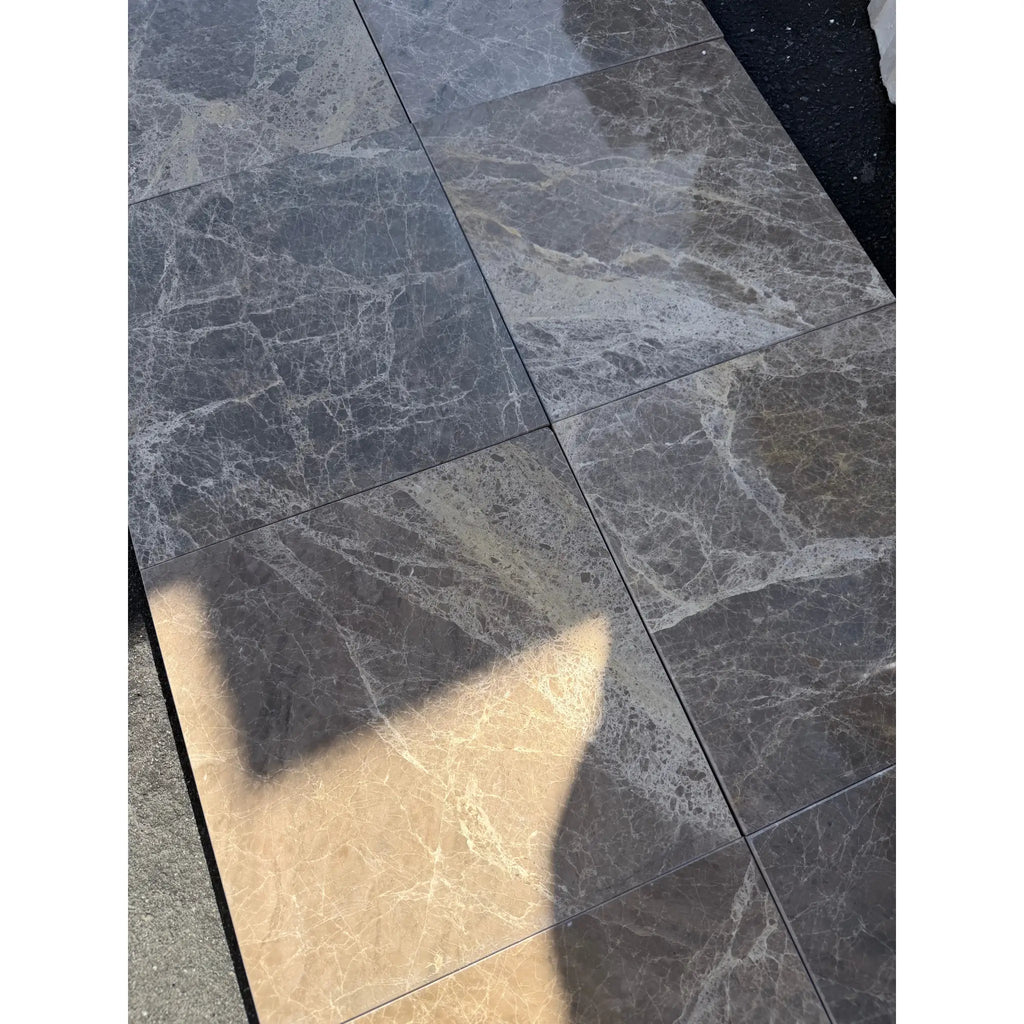 Dark gray Emperador marble tiles with subtle white veining, 12x12 checkerboard set