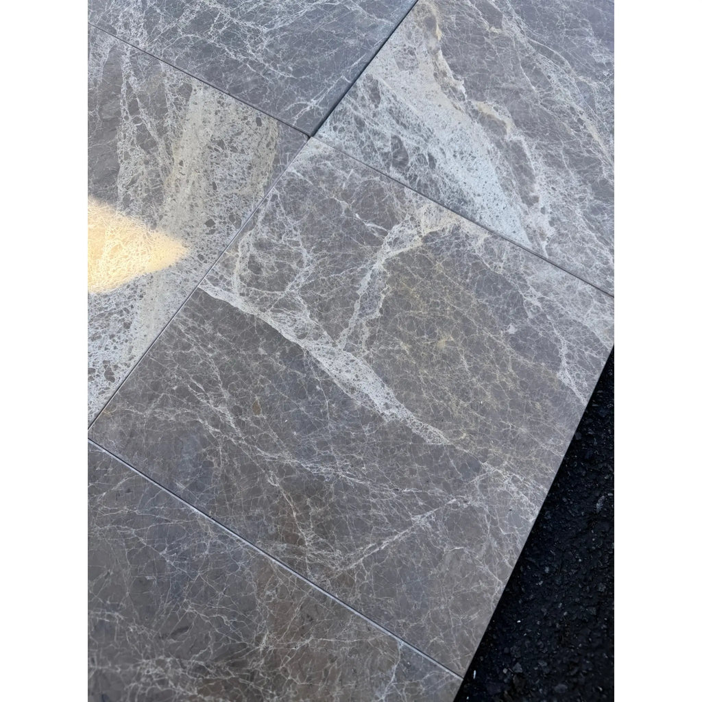 Checkerboard Emperador Dark and Light Marble 12x12 tiles with swirling veining