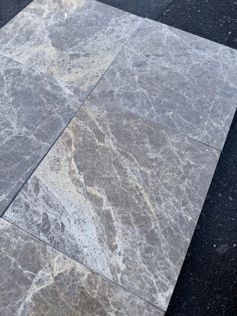 Checkerboard Emperador Dark and Light Marble 12x12 gray tiles with white beige veining