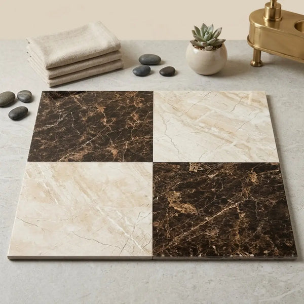 Four square marble tiles in dark brown emperador with golden veins and light beige diano royal with subtle gray veins
