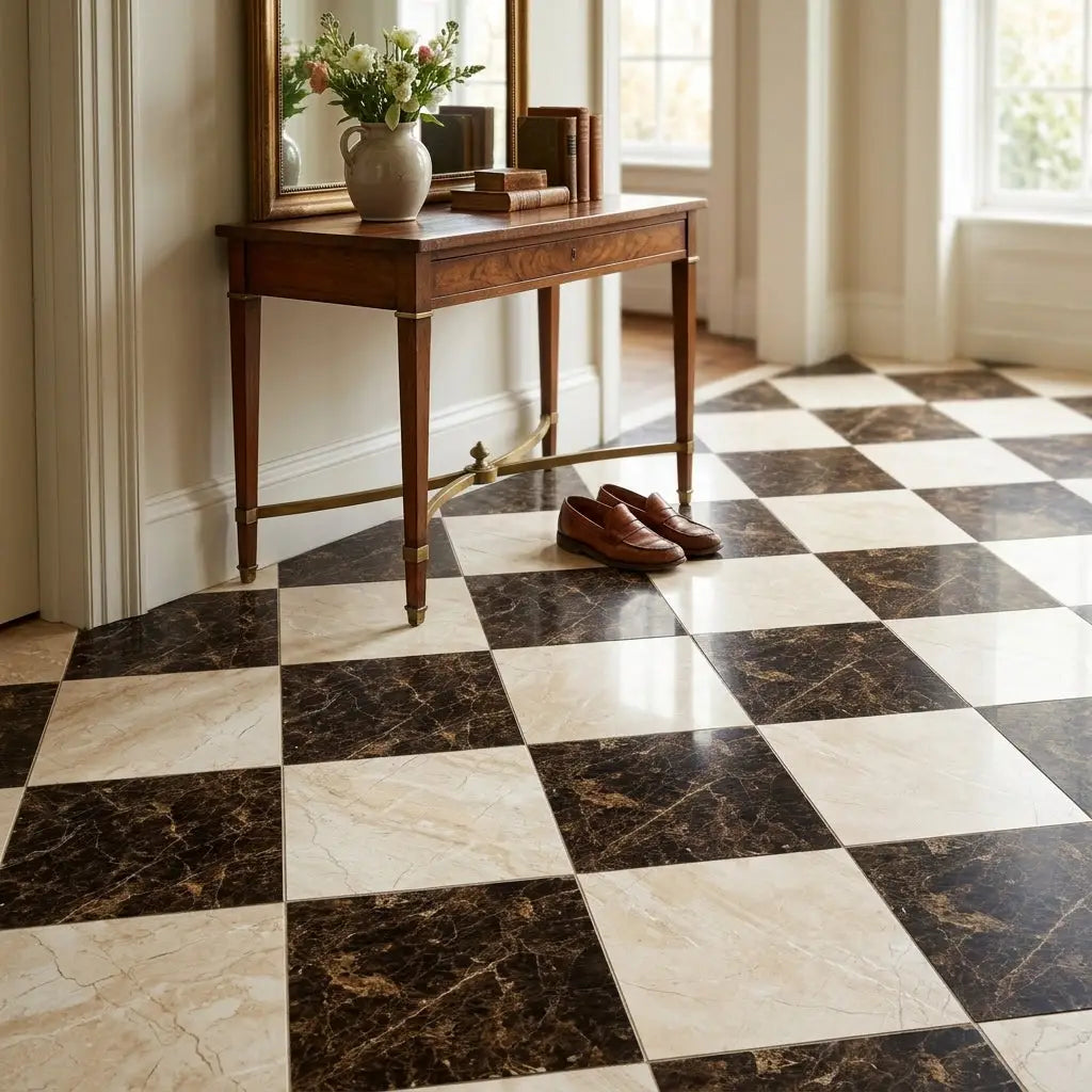 Dark and light checkerboard Emperador dark marble and Diano Royal marble tiles in 12x12 classic floor pattern