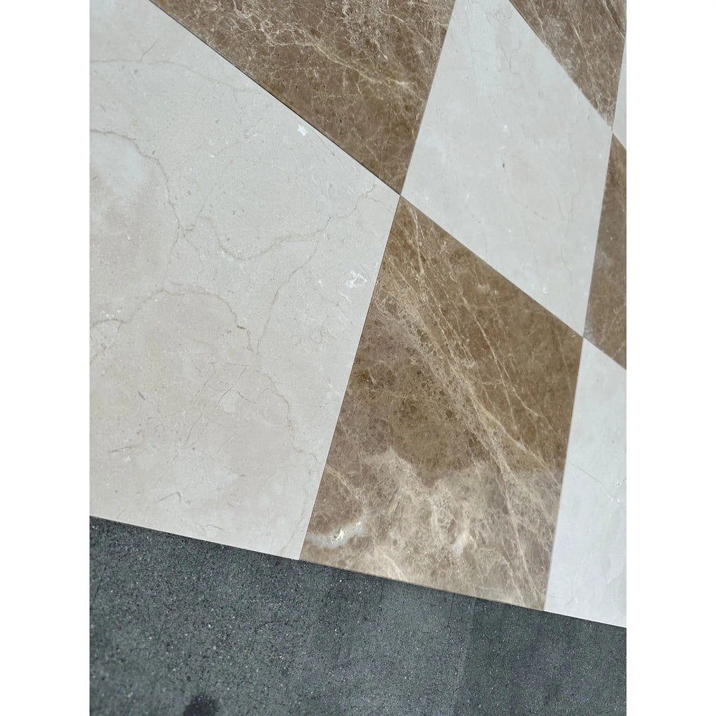 Beige and brown marble tile floor with glossy finish in Checkerboard Emperador Light and Crema Marfil 12x12 set