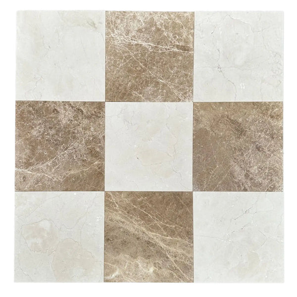Beige and white marble tile floor pattern from Checkerboard Emperador Light and Crema Marfil 12X12 Set