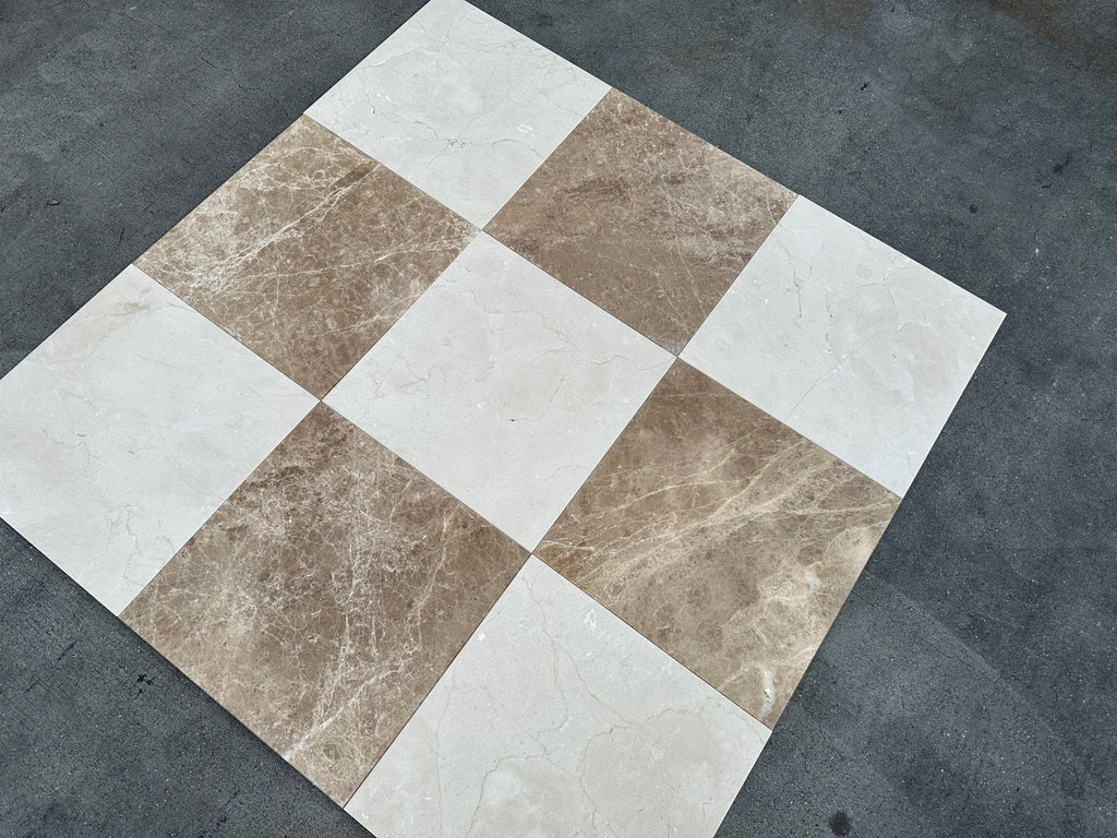 Beige and white checkered tile floor from Checkerboard Emperador Light and Crema Marfil set