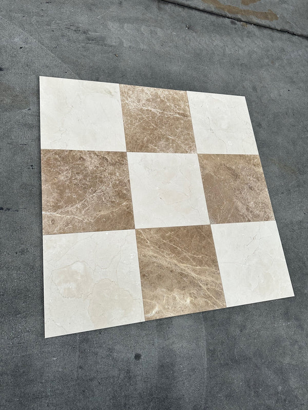 Checkerboard Emperador Light and Crema Marfil 12x12 marble tile coaster set