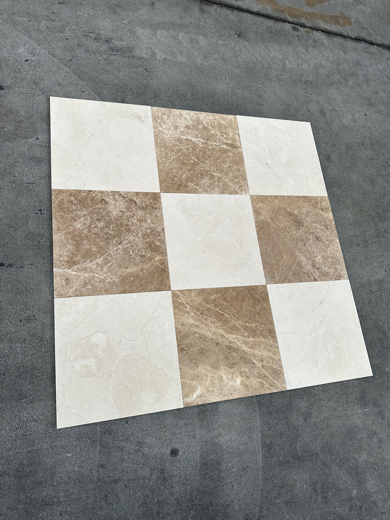 Checkerboard Emperador Light and Crema Marfil 12x12 marble tile coaster set