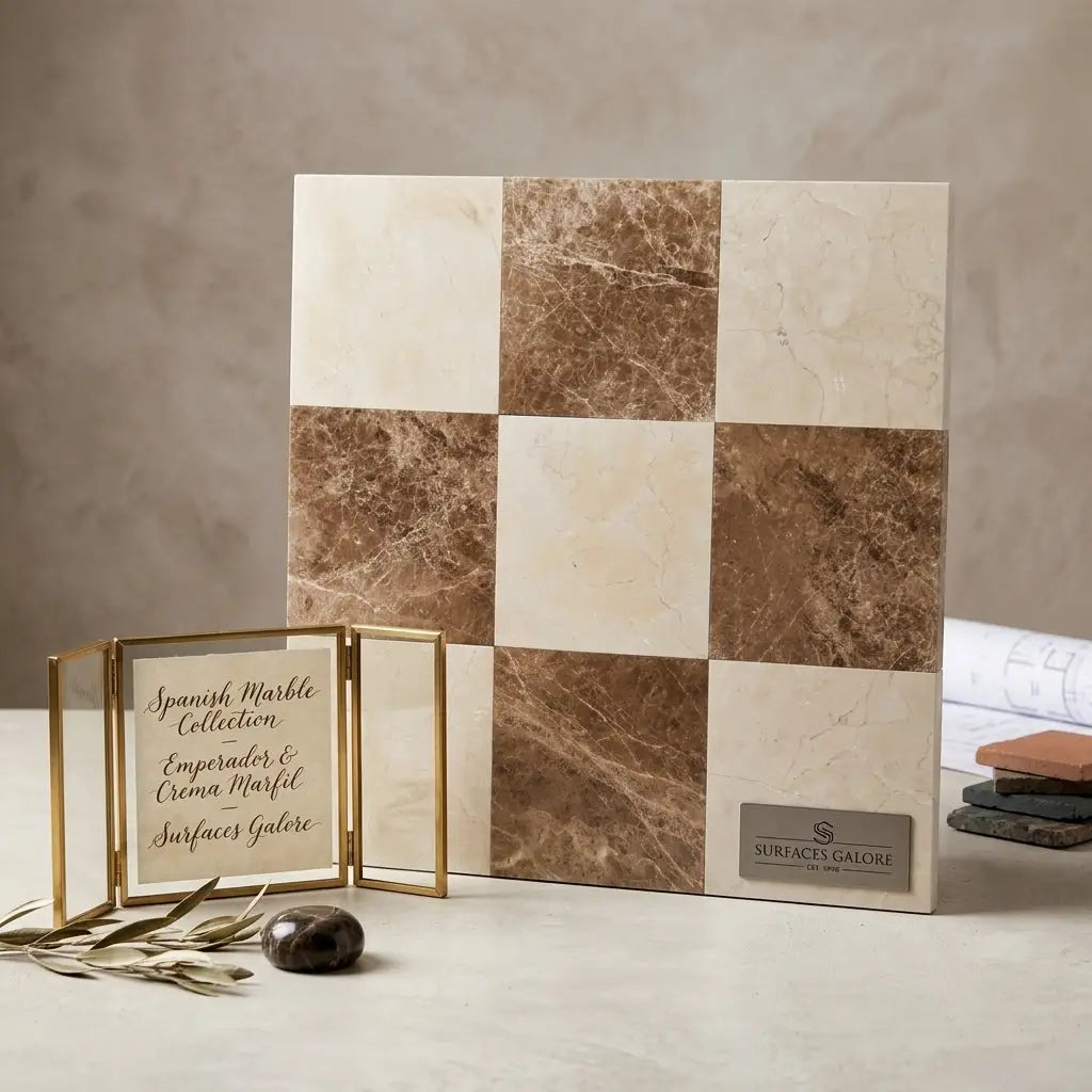 A square marble tile panel with a checkered pattern of creamy white crema marfil and rich brown emperador light stones