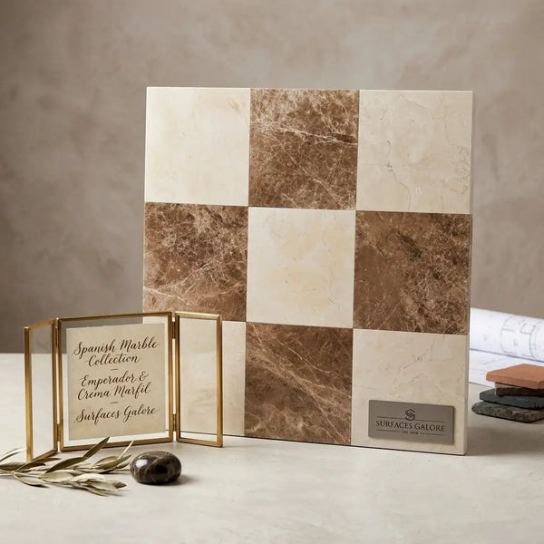 A square marble tile panel with a checkered pattern of creamy white crema marfil and rich brown emperador light stones