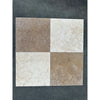 Four-square travertine tiles in a Checkerboard Ivory and Noce Tumbled 18x18 set