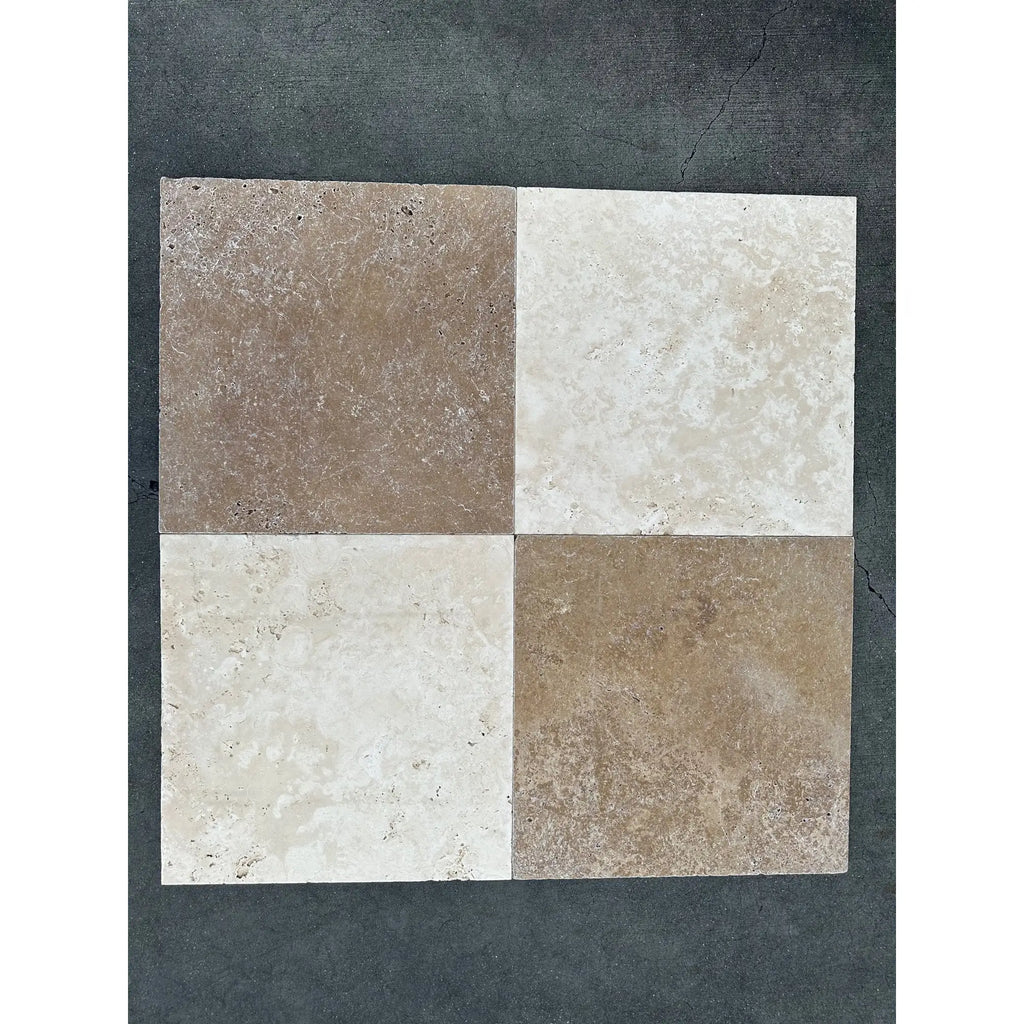 Four-square travertine tiles in a Checkerboard Ivory and Noce Tumbled 18x18 set