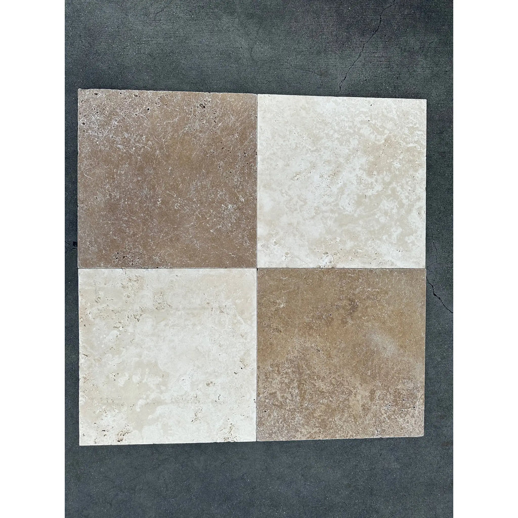 Four-square patterned tile from Checkerboard Ivory and Noce Travertine Tumbled Set