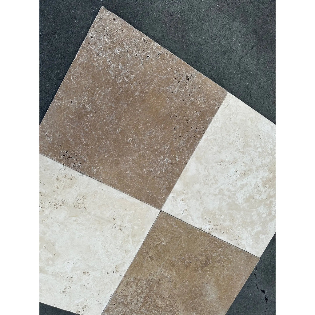 Four-tile checkerboard pattern on Ivory and Noce Travertine Tumbled 18x18 tiles