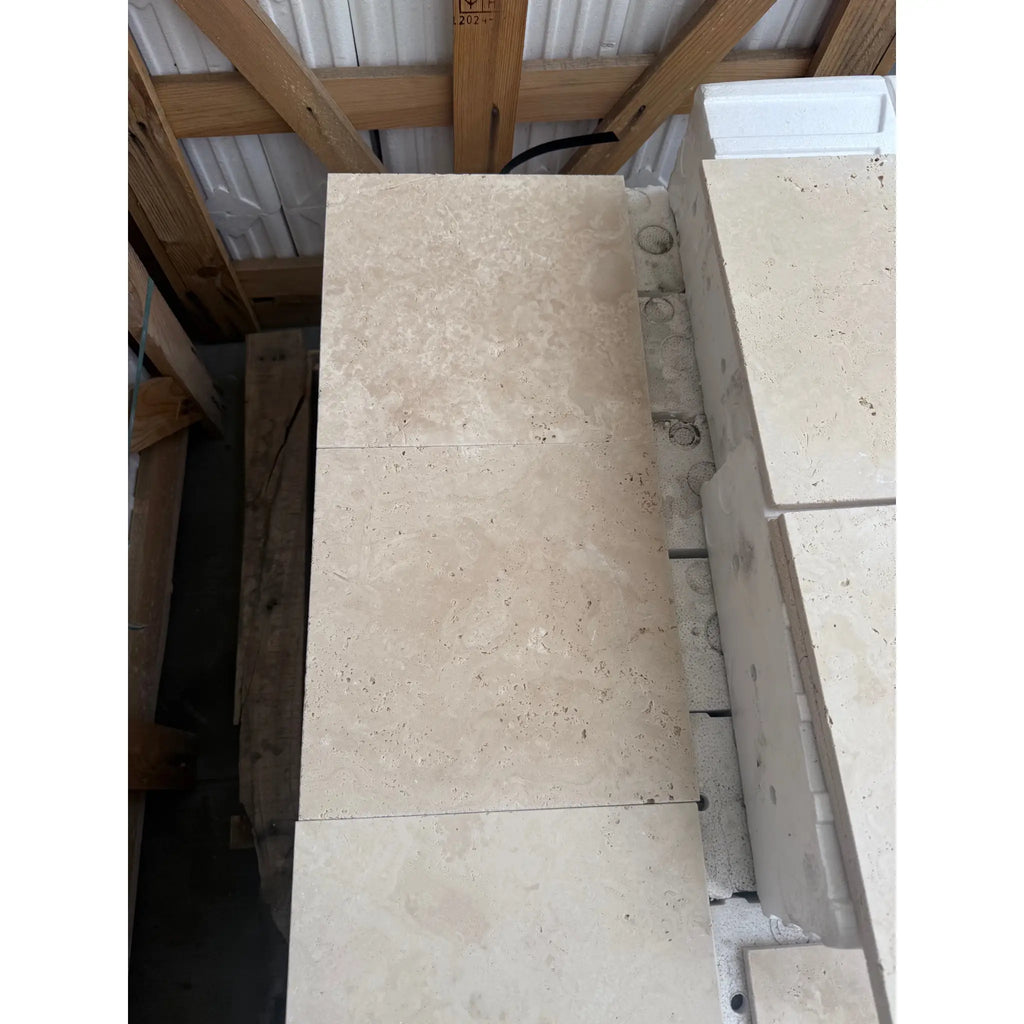 Stacked Checkerboard Ivory and Noce Travertine Tumbled 12x12 tiles display