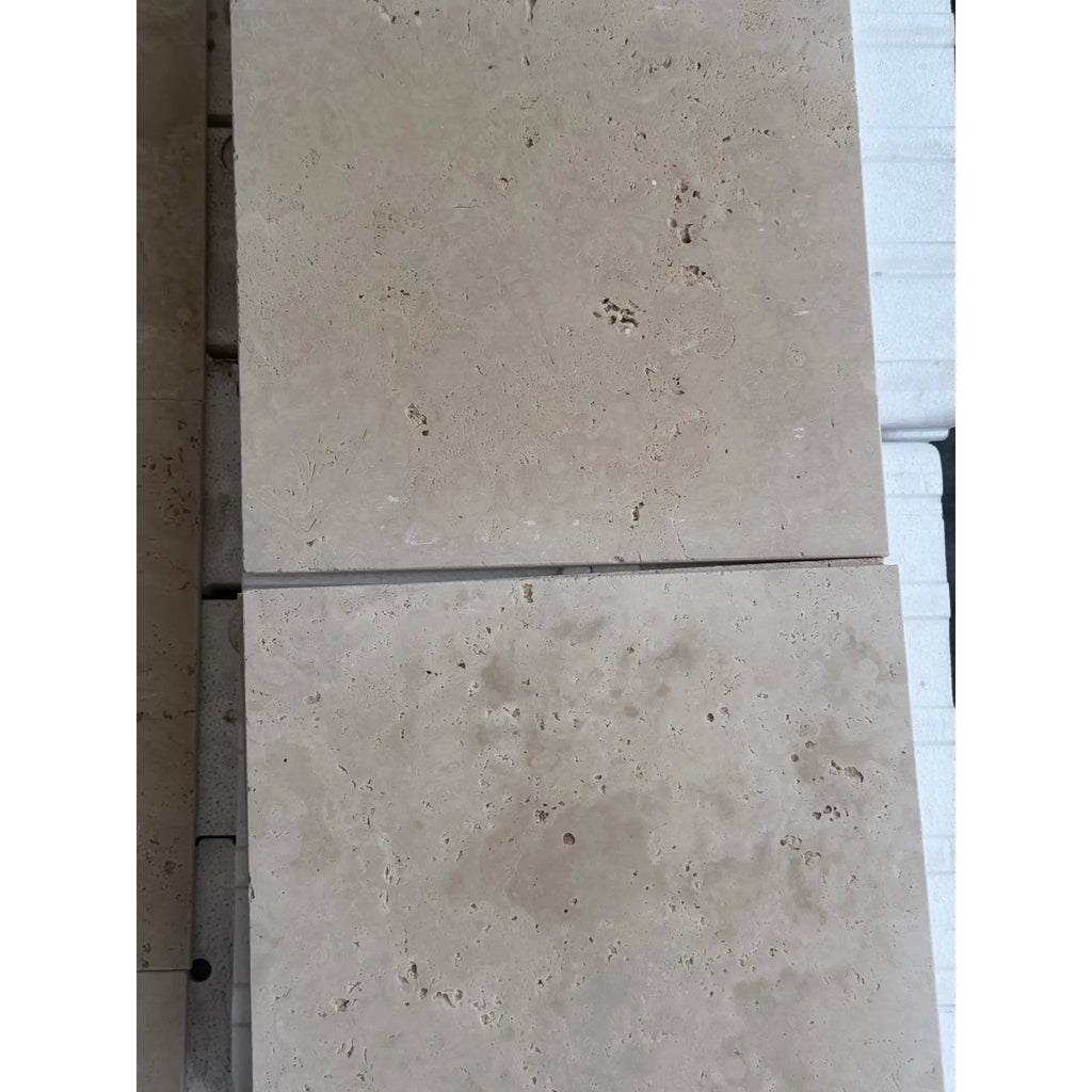 Beige Travertine tiles from Checkerboard Ivory and Noce Tumbled 12X12 Set