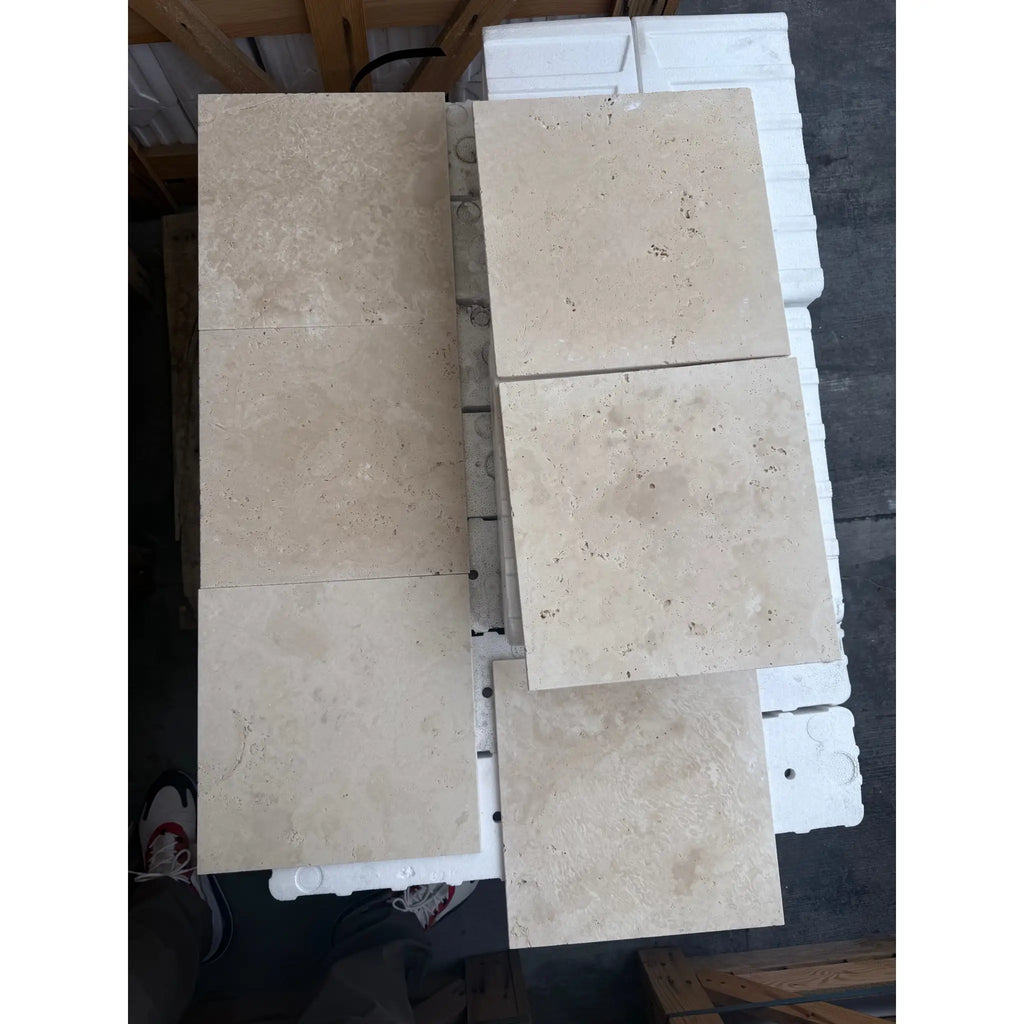 Beige travertine tiles from Checkerboard Ivory and Noce Tumbled 12X12 Set for elegant decor