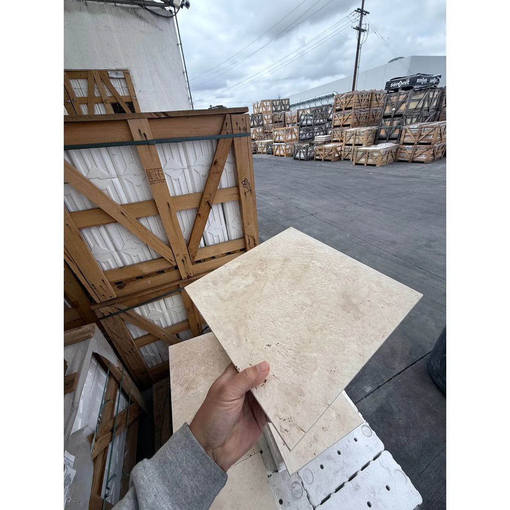 Beige travertine tiles featured in Checkerboard Ivory and Noce Tumbled 12X12 Set