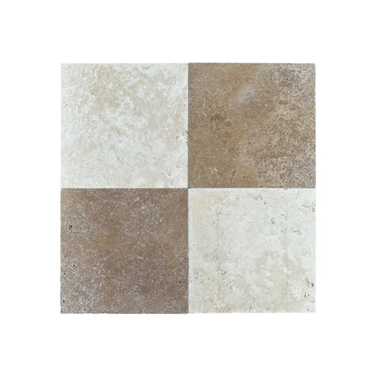 Four square travertine tiles in Checkerboard Ivory and Noce Tumbled 12X12 Set