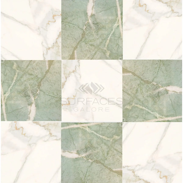 Nine marble tiles from the Checkerboard Ming Green and Calacatta Gold 12X12 Set