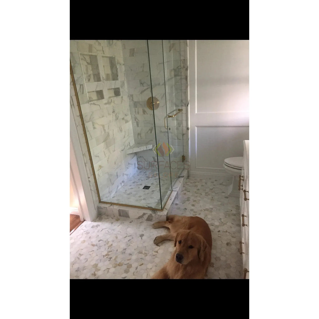 Golden Retriever resting in a bathroom with Checkerboard Ming Green and Calacatta Gold Marble