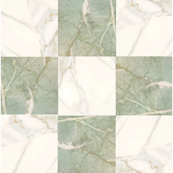 Nine marble tiles from the Checkerboard Ming Green Marble and Calacatta Gold 12X12 Set