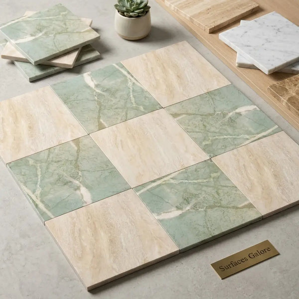 Square tiles set featuring checkerboard ming green and diano royal marble in soft green and beige tones with elegant veining