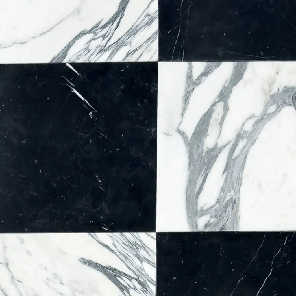 Black and white marble checkerboard pattern from Checkerboard Nero Marquina and Arabescato Corchia Marble 18X18 Set