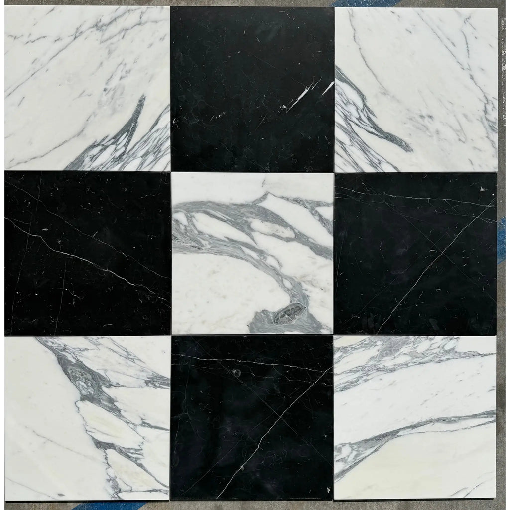 Nine-square marble tile pattern featuring Nero Marquina and Arabescato Corchia marbles