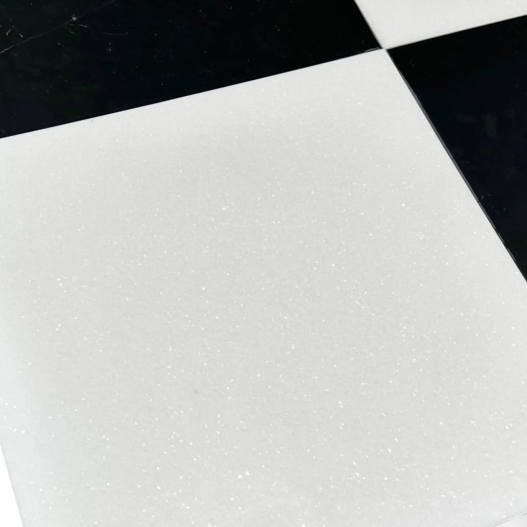 White glittery fabric coaster on Checkerboard Nero Marquina and Thassos Marble 12x12 set