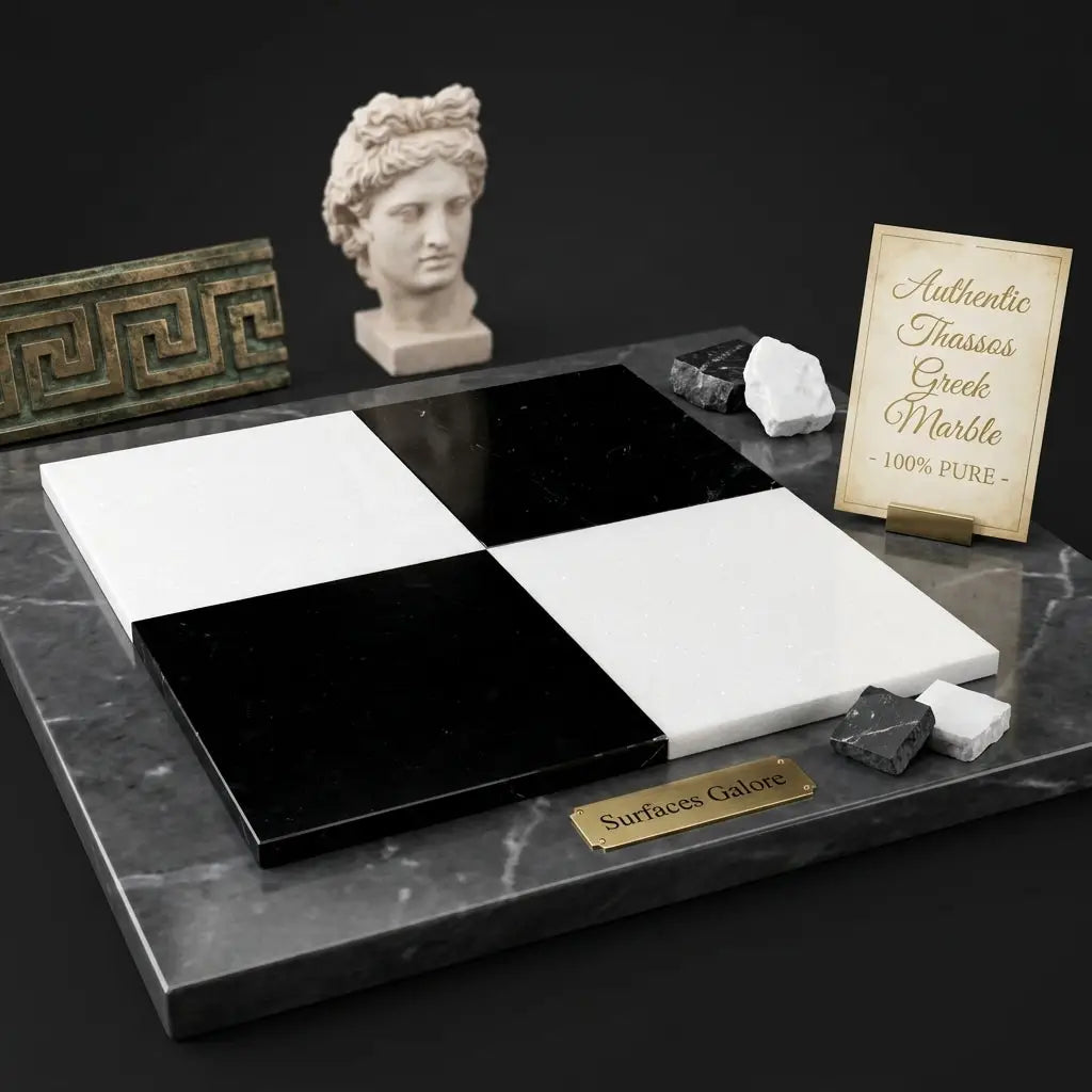 Checkerboard nero marquina black and white marble tiles 12x12 set displayed on dark gray marble base
