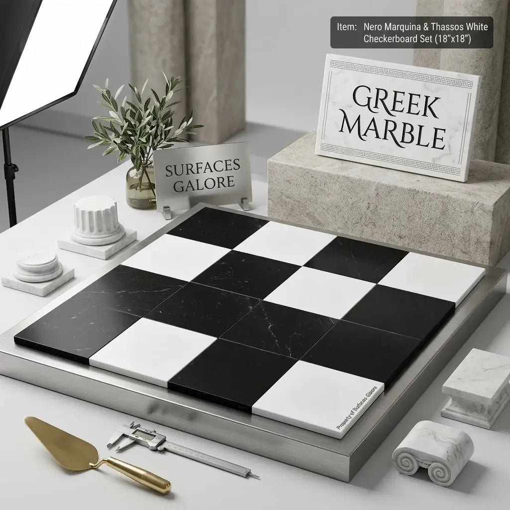 Checkerboard nero marquina and thassos white marble set 18x18 inches featuring black and white squares