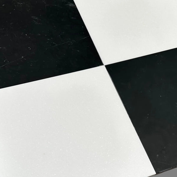 Glossy black and white checkered Nero Marquina and Thassos marble 18x18 tile